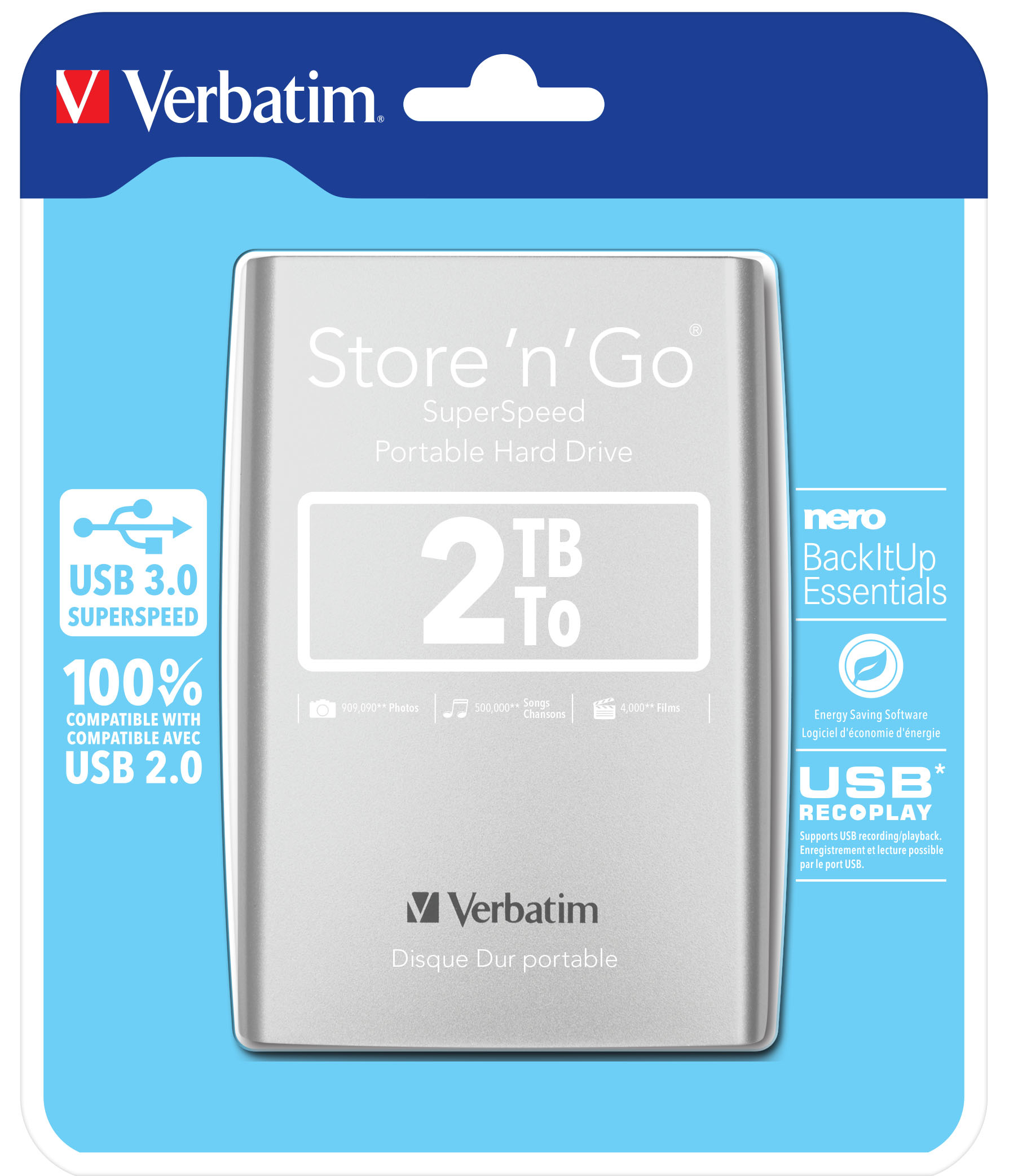 Sammenlignelig Barbermaskine Snart Verbatim Store 'n' Go USB 3.0 Portable Hard Drive 2TB Silver