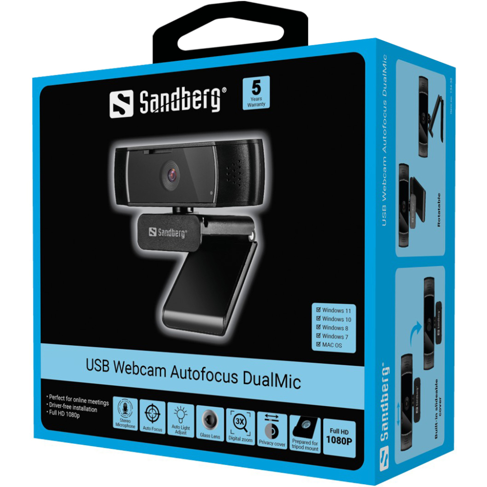Sandberg USB Autofocus DualMic webcam 2.07 MP 1920 x 1080 pixels USB Black